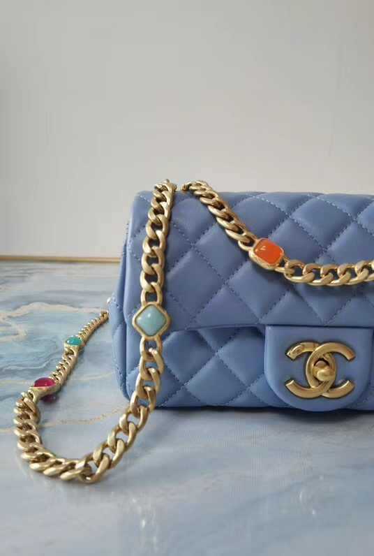 Chanel flap bag Lambskin Resin & Gold-Tone Metal AS2380 light blue