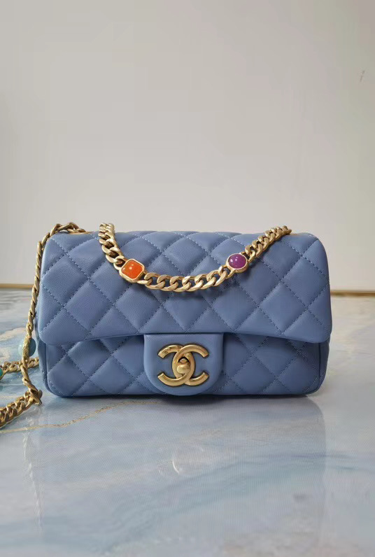 Chanel flap bag Lambskin Resin & Gold-Tone Metal AS2380 light blue