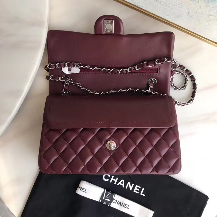 chanel classic handbag Lambskin & silver Metal A01112 Burgundy