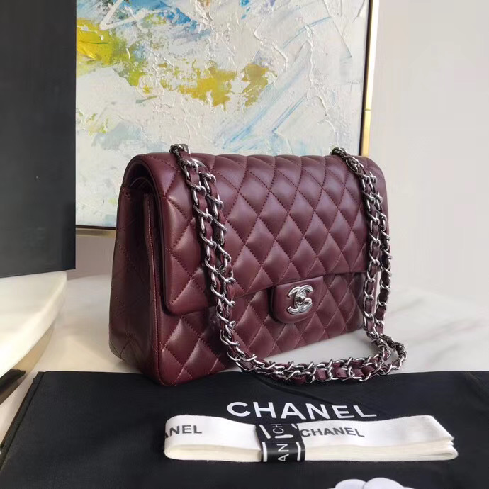 chanel classic handbag Lambskin & silver Metal A01112 Burgundy