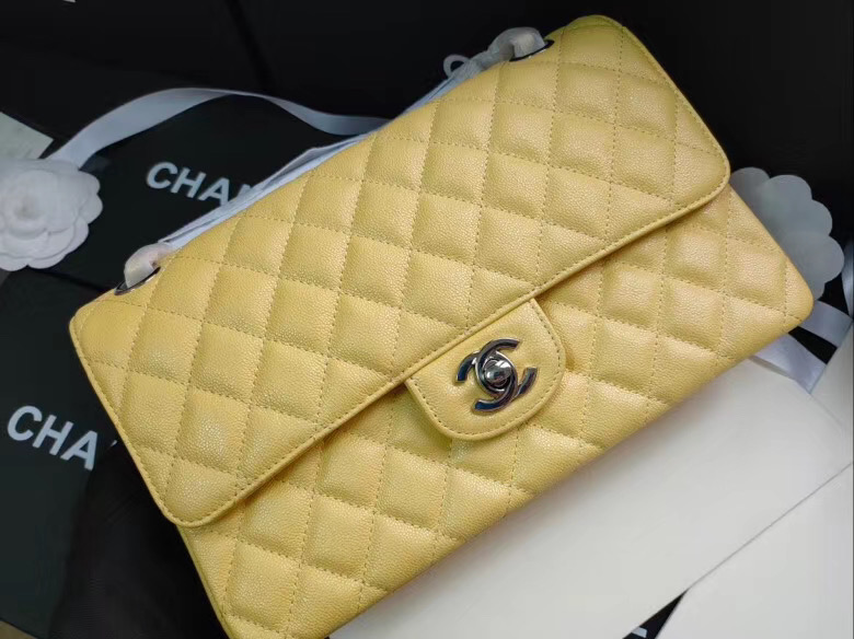 chanel flap bag Iridescent Grained Calfskin&silver Metal -Tone AS1112 yellow