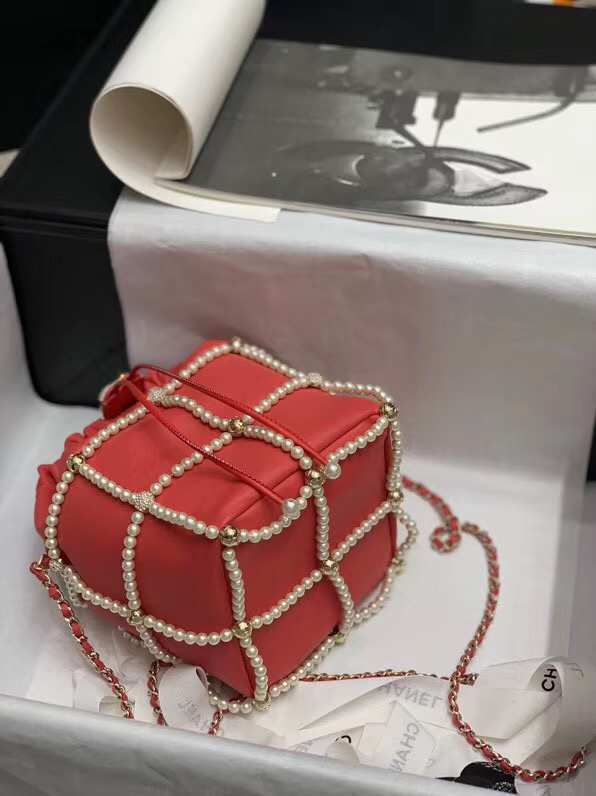 Chanel drawstring bag Lambskin & Gold Metal AS2388 red