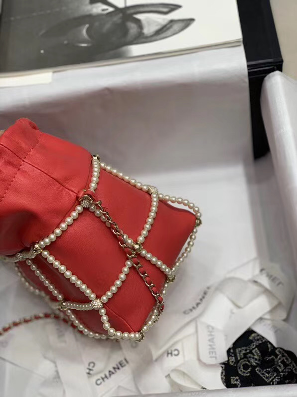 Chanel drawstring bag Lambskin & Gold Metal AS2388 red