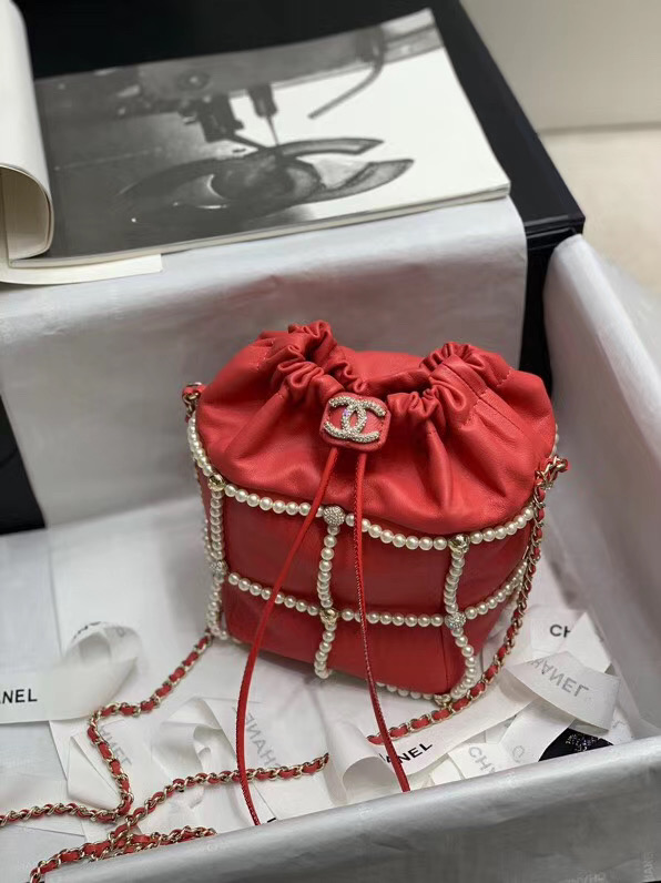 Chanel drawstring bag Lambskin & Gold Metal AS2388 red