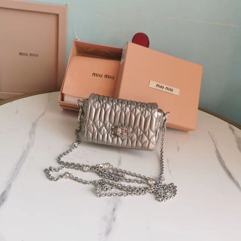 miu miu Matelasse Nappa Leather mini Shoulder Bag 5TT124 Silver