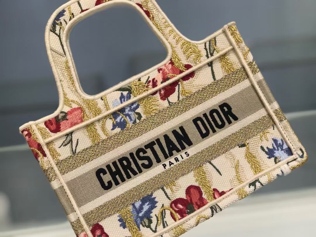 MINI DIOR BOOK TOTE Beige Multicolor Dior Hibiscus Embroidery S5475ZR