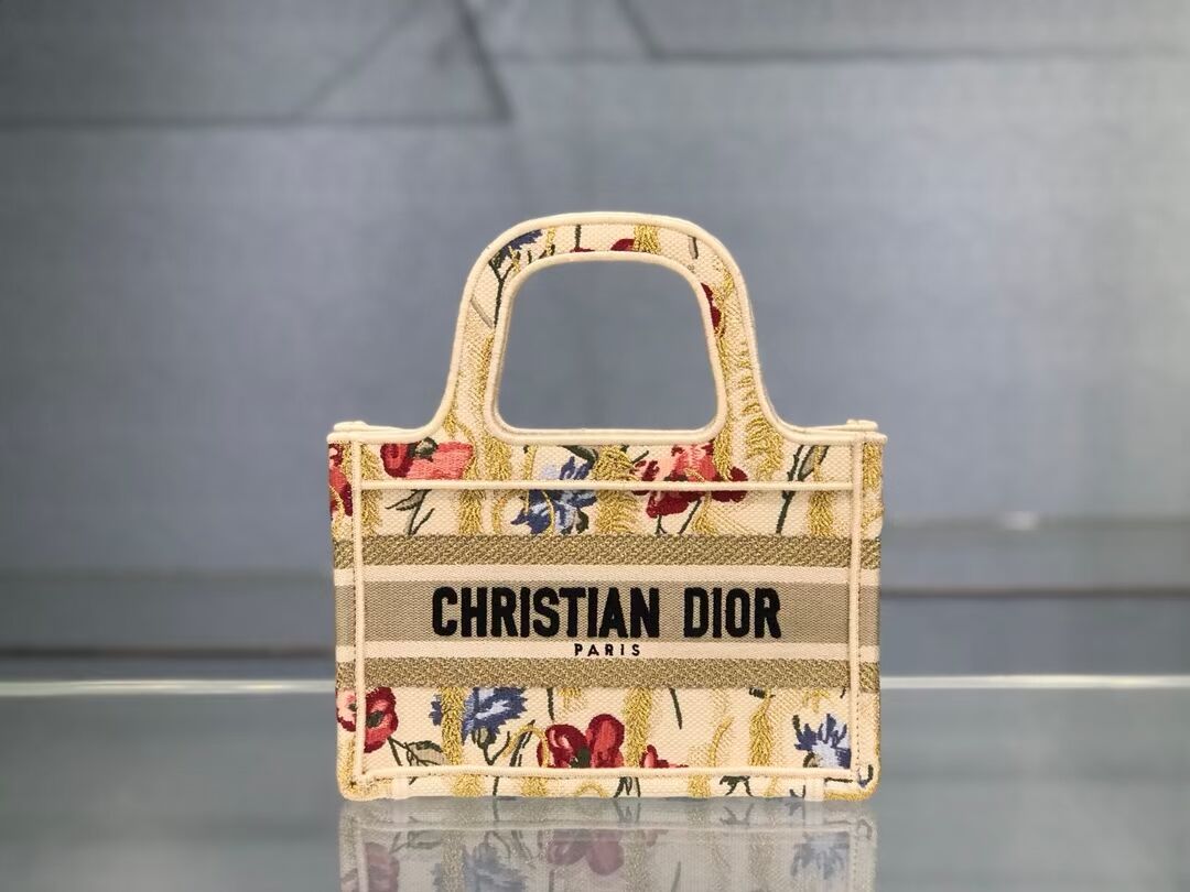 MINI DIOR BOOK TOTE Beige Multicolor Dior Hibiscus Embroidery S5475ZR