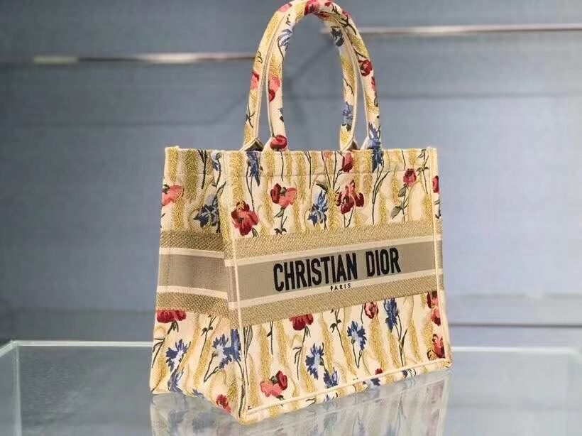 SMALL DIOR BOOK TOTE Beige Multicolor Dior Hibiscus Metallic Thread Embroidery M1296