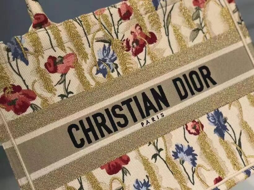 SMALL DIOR BOOK TOTE Beige Multicolor Dior Hibiscus Metallic Thread Embroidery M1296