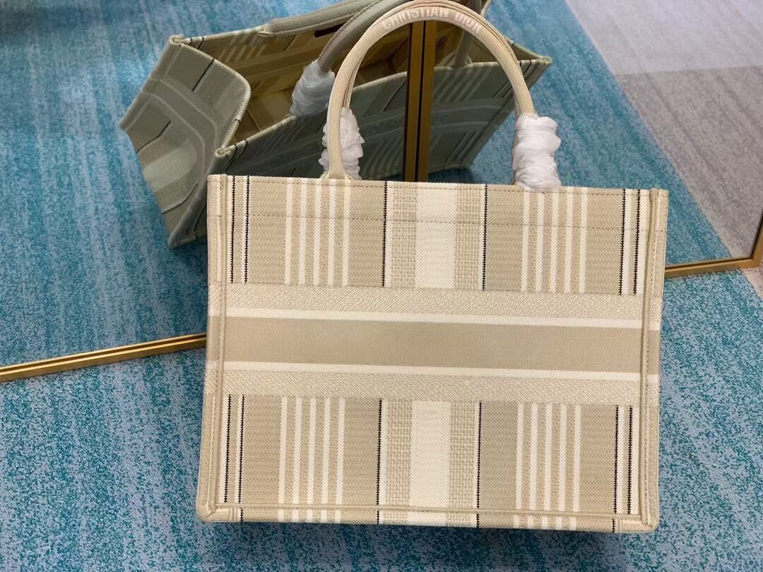 DIOR BOOK TOTE Beige Stripes Embroidery M1287Z