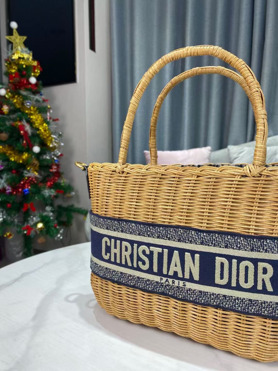 DIOR WICKER BASKET BAG Blue Dior Oblique Jacquard and Natural Wicker M7601