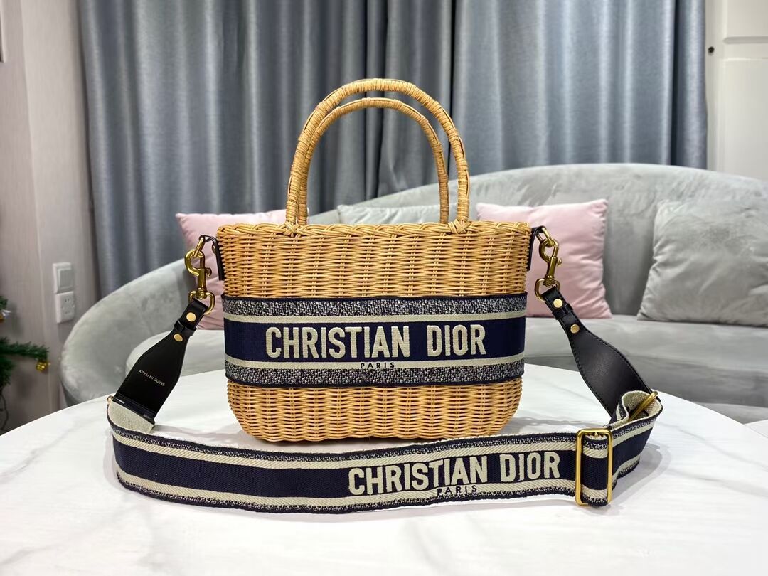 DIOR WICKER BASKET BAG Blue Dior Oblique Jacquard and Natural Wicker M7601