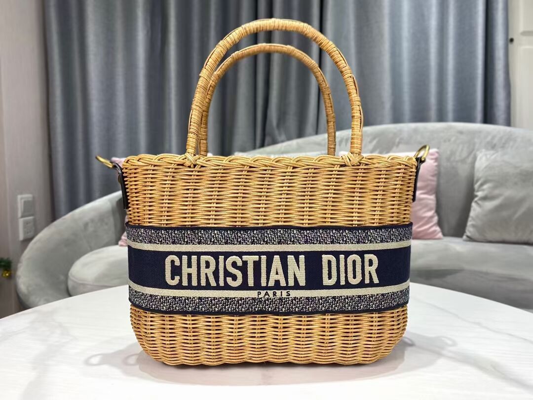 DIOR WICKER BASKET BAG Blue Dior Oblique Jacquard and Natural Wicker M7601