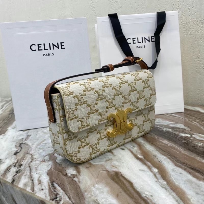 Celine TRIOMPHE SHOULDER BAG IN TRIOMPHE CANVAS AND CALFKSIN 194142 WHITE