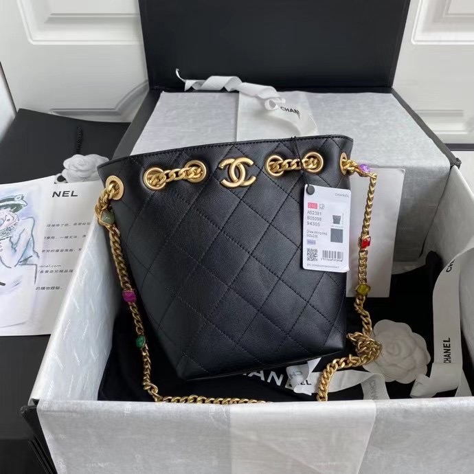 Chanel Lambskin bucket bag AS2381 black