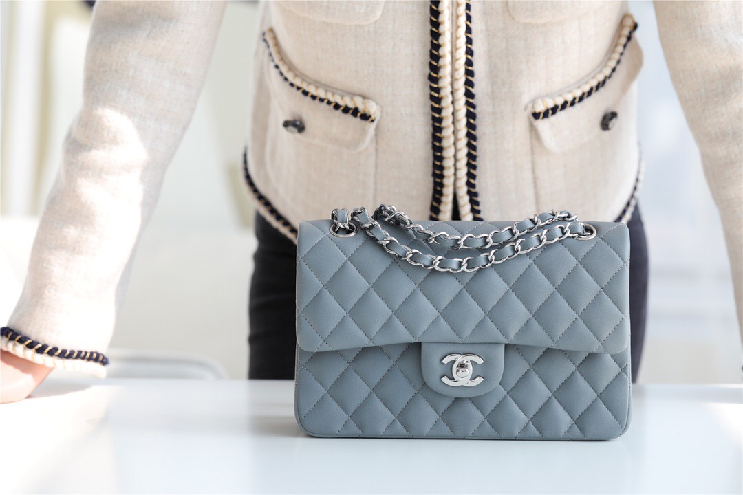 Chanel Small Classic Handbag Sheepskin & silver-Tone Metal A01113 grey