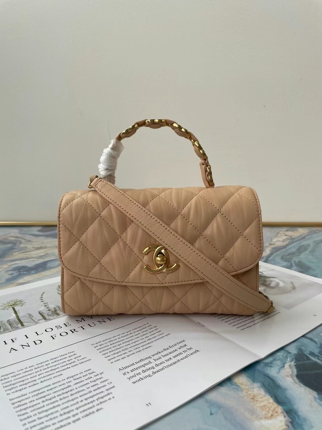 Chanel mini flap bag with top handle AS2477 Apricot