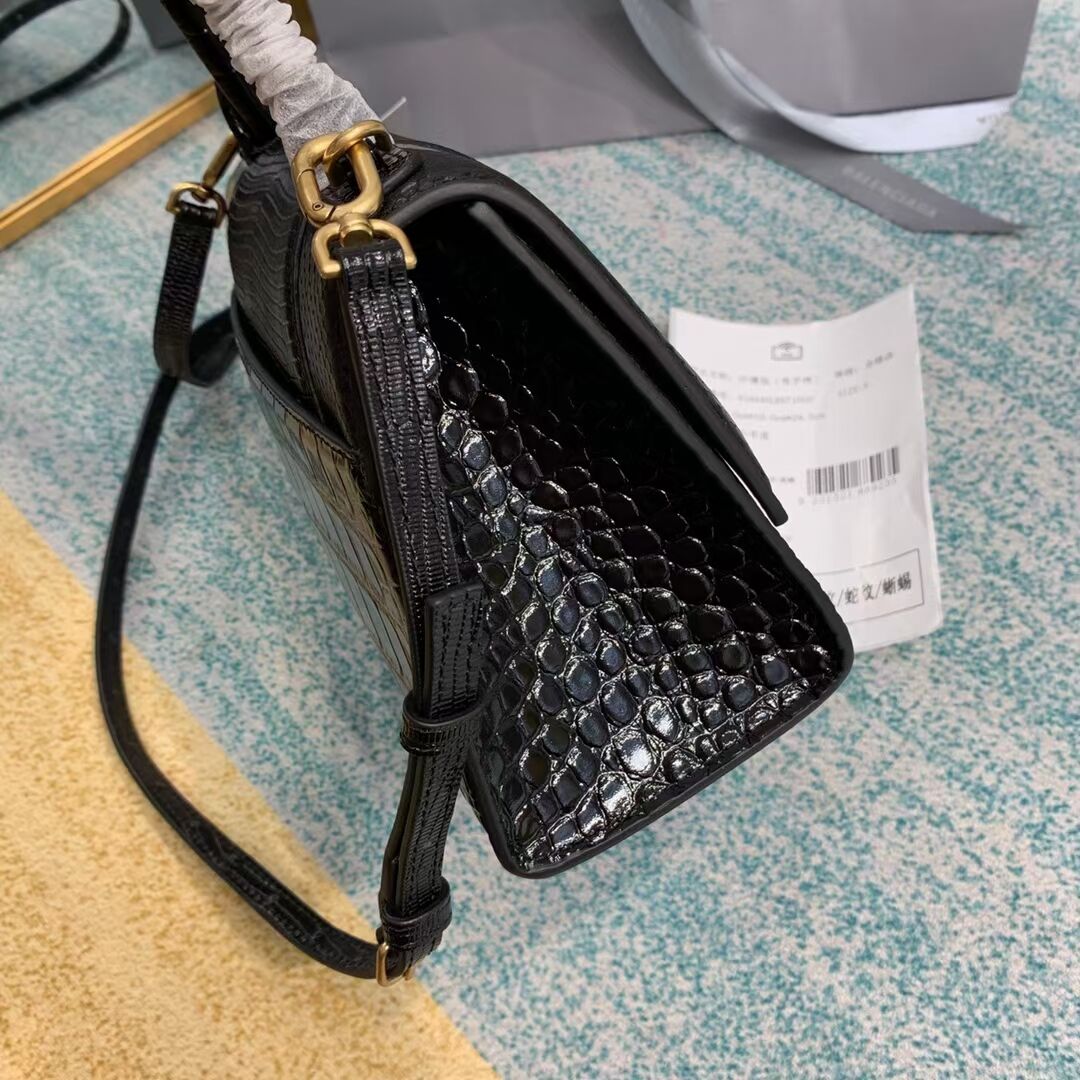 Balenciaga Hourglass Small Top Handle Bag crocodile embossed calfskin B108891E black