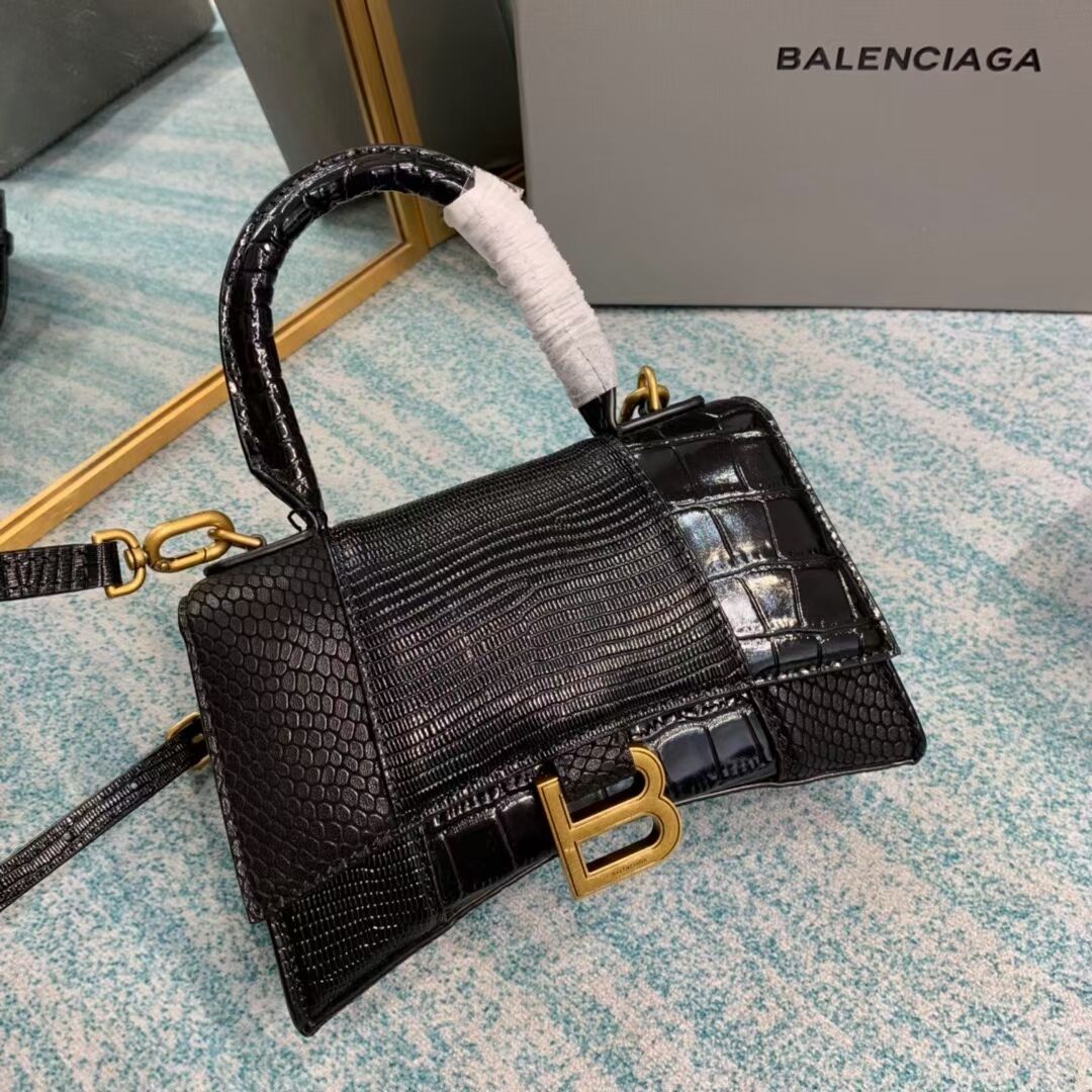 Balenciaga Hourglass XS Top Handle Bag shiny crocodile embossed calfskin B108892E black