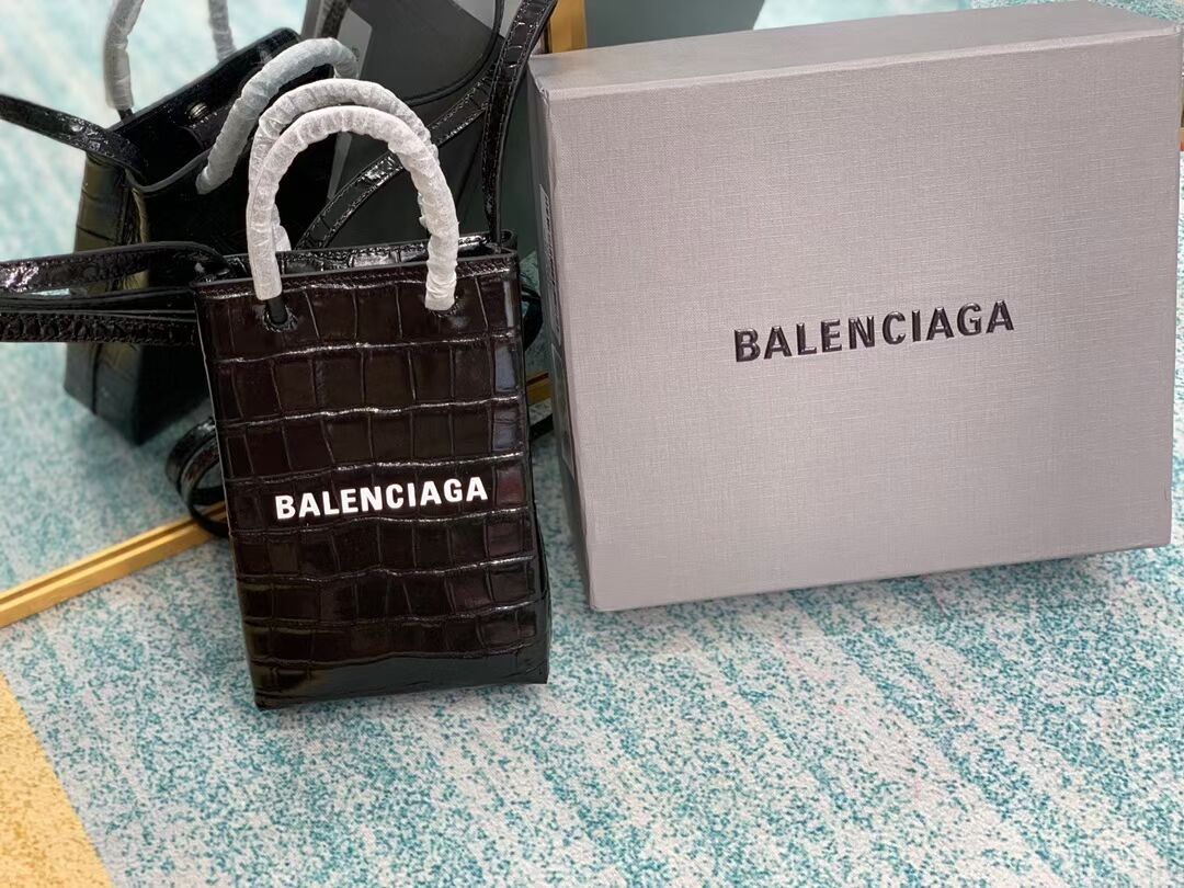 Balenciaga Original shiny crocodile embossed leather Mini Shopper Bag B152865 black