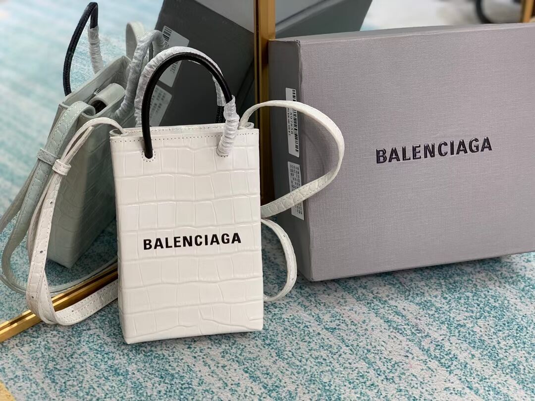 Balenciaga Original shiny crocodile embossed leather Mini Shopper Bag B152865 white