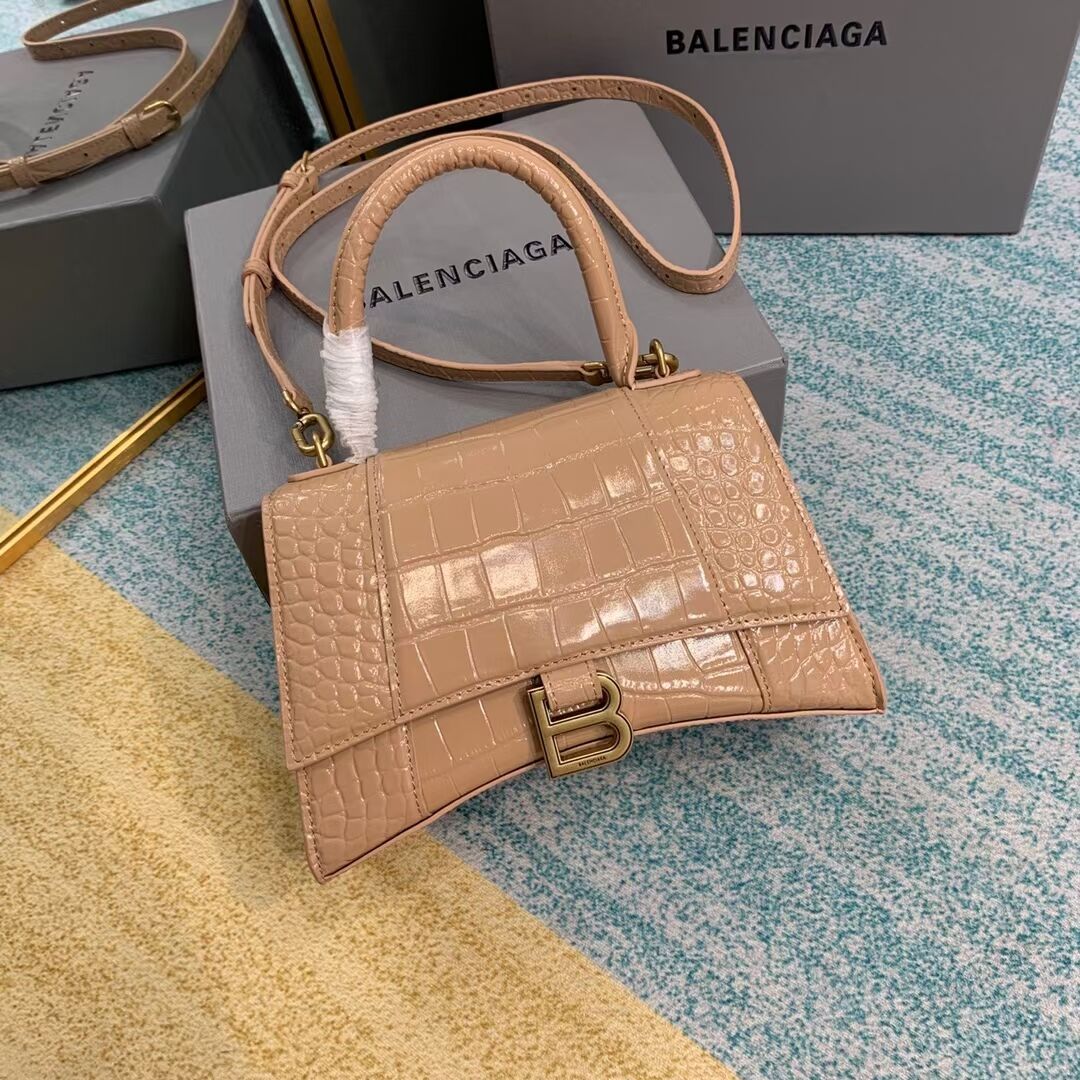 Balenciaga HOURGLASS SMALL TOP HANDLE BAG crocodile embossed calfskin B108895E apricot