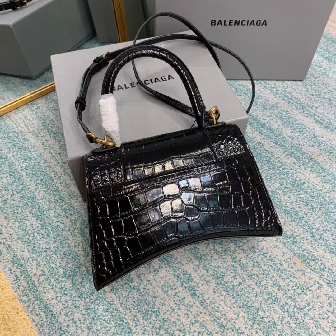 Balenciaga HOURGLASS SMALL TOP HANDLE BAG crocodile embossed calfskin B108895E black