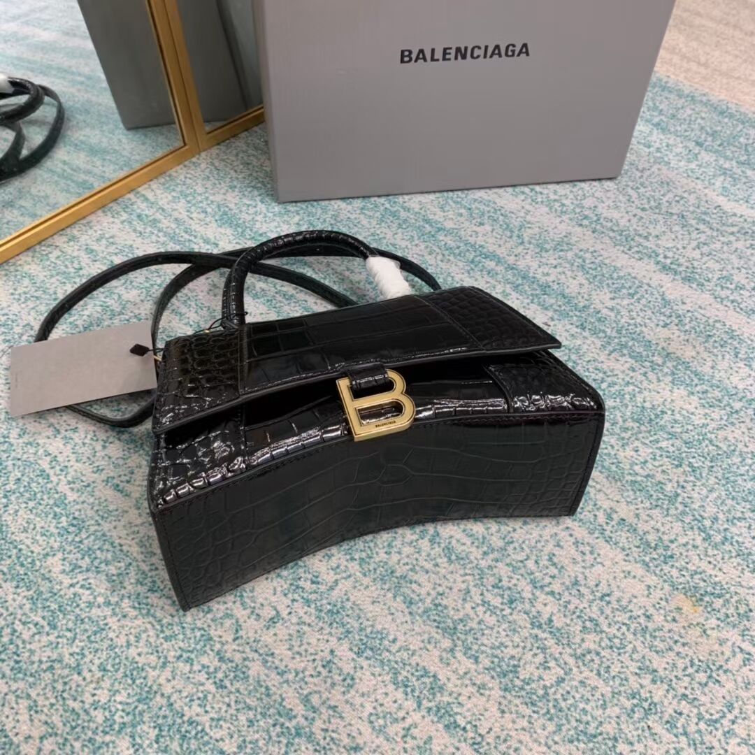 Balenciaga HOURGLASS SMALL TOP HANDLE BAG crocodile embossed calfskin B108895E black