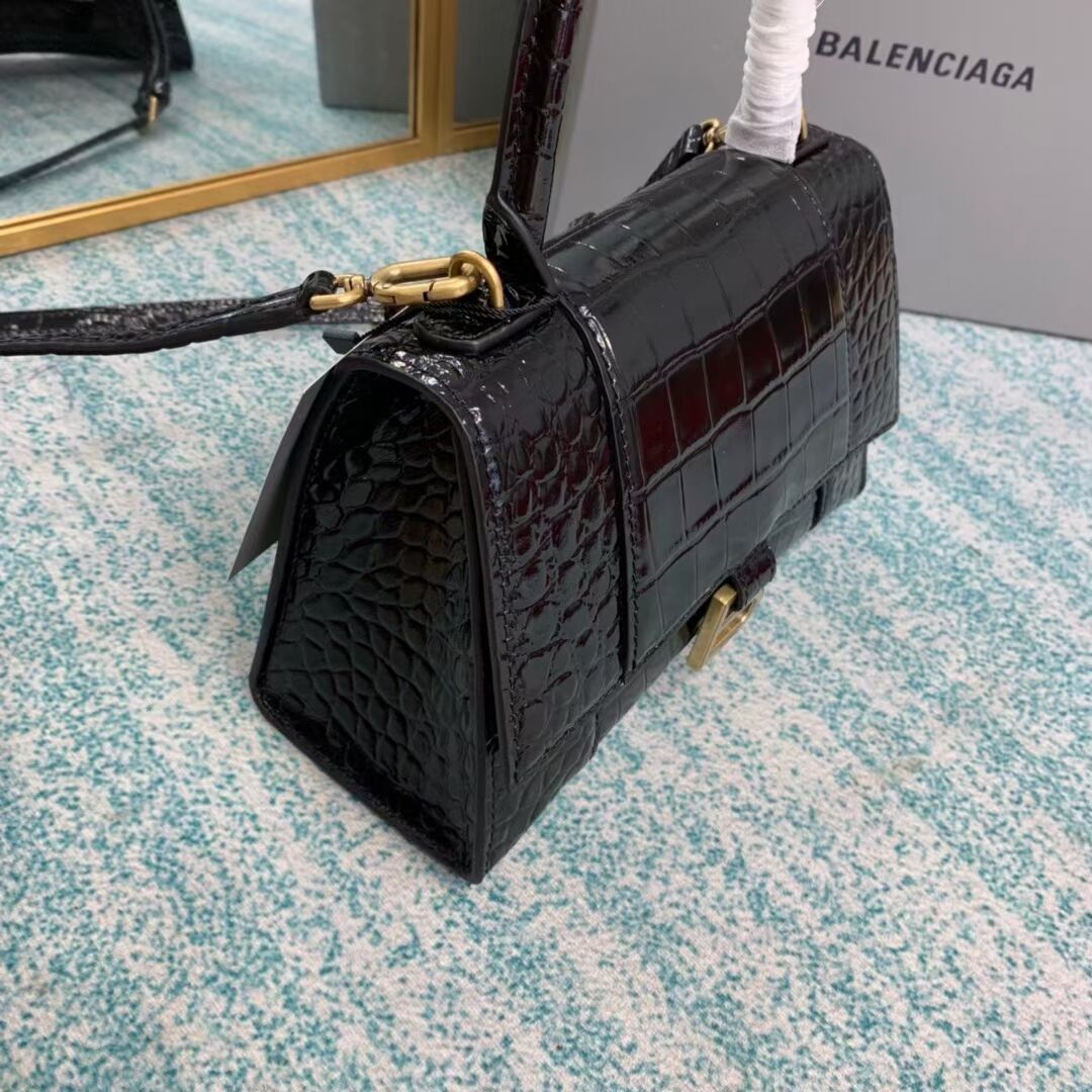 Balenciaga HOURGLASS SMALL TOP HANDLE BAG crocodile embossed calfskin B108895E black