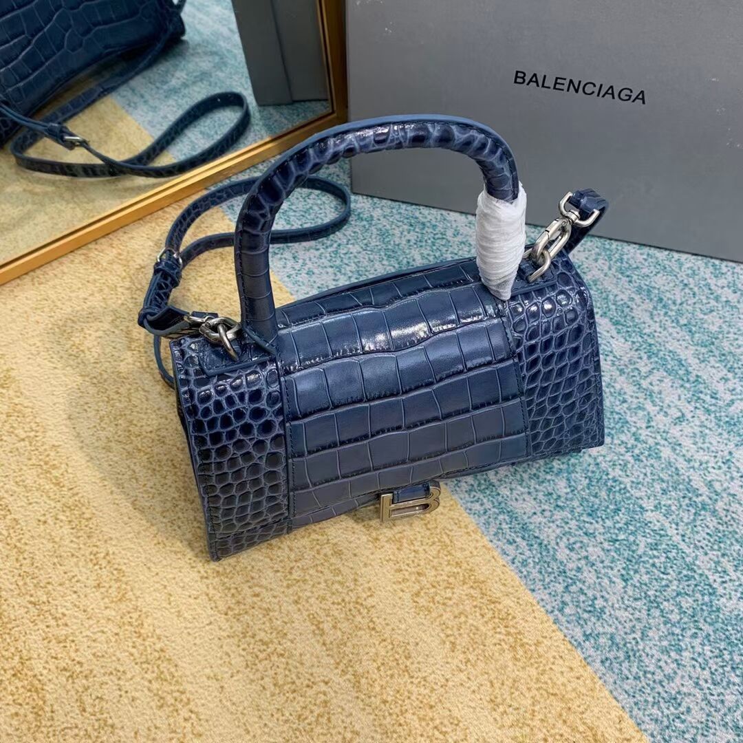 Balenciaga HOURGLASS SMALL TOP HANDLE BAG crocodile embossed calfskin B108895E blue