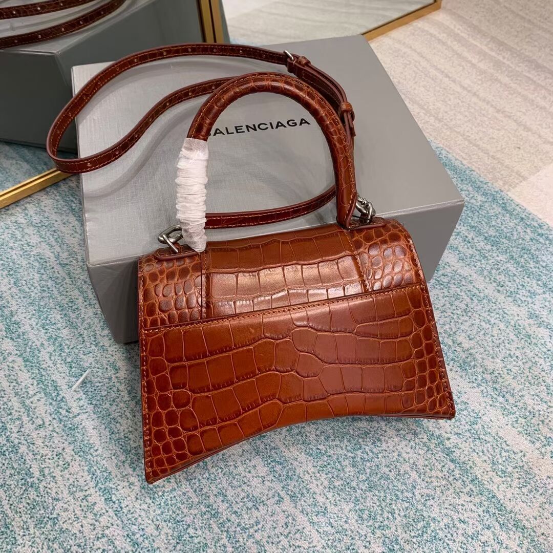 Balenciaga HOURGLASS SMALL TOP HANDLE BAG crocodile embossed calfskin B108895E brown