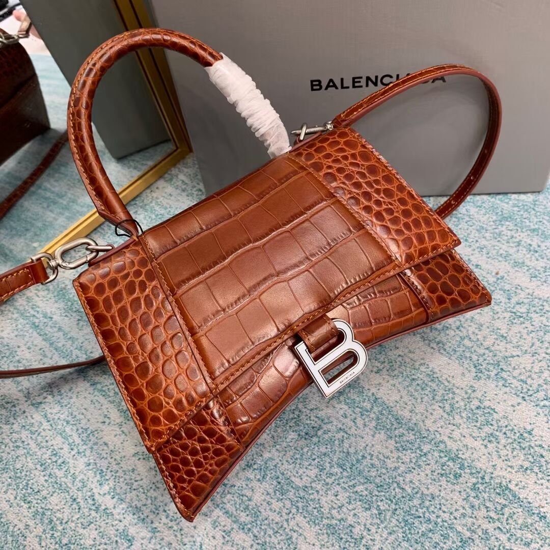 Balenciaga HOURGLASS SMALL TOP HANDLE BAG crocodile embossed calfskin B108895E brown