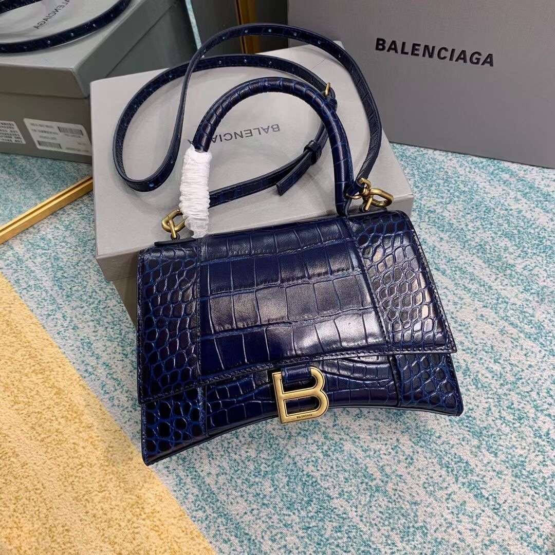 Balenciaga HOURGLASS SMALL TOP HANDLE BAG crocodile embossed calfskin B108895E dark blue