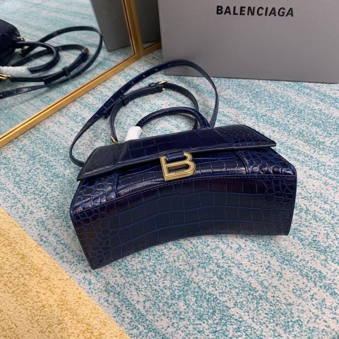 Balenciaga HOURGLASS SMALL TOP HANDLE BAG crocodile embossed calfskin B108895E dark blue