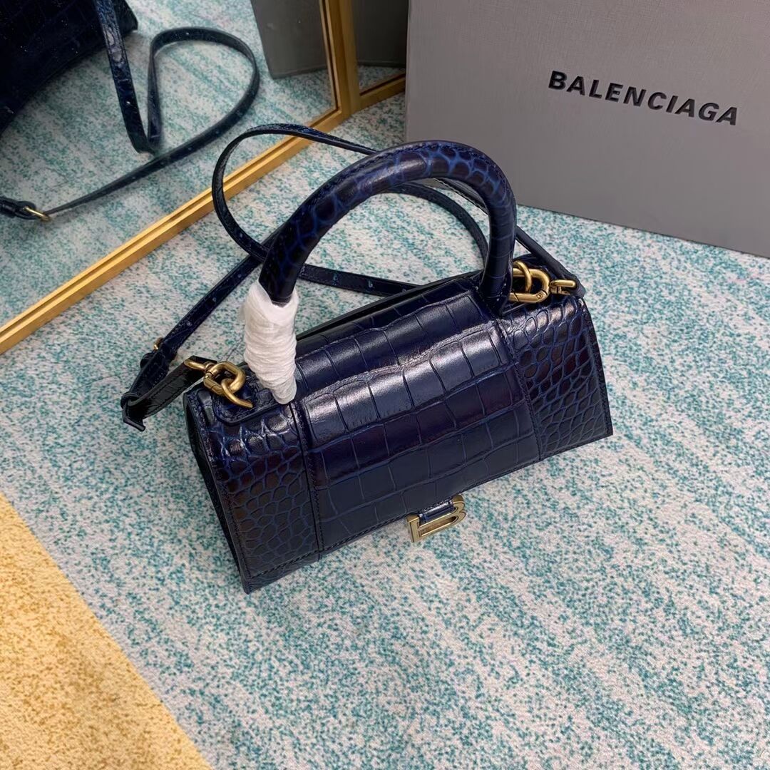 Balenciaga HOURGLASS SMALL TOP HANDLE BAG crocodile embossed calfskin B108895E dark blue