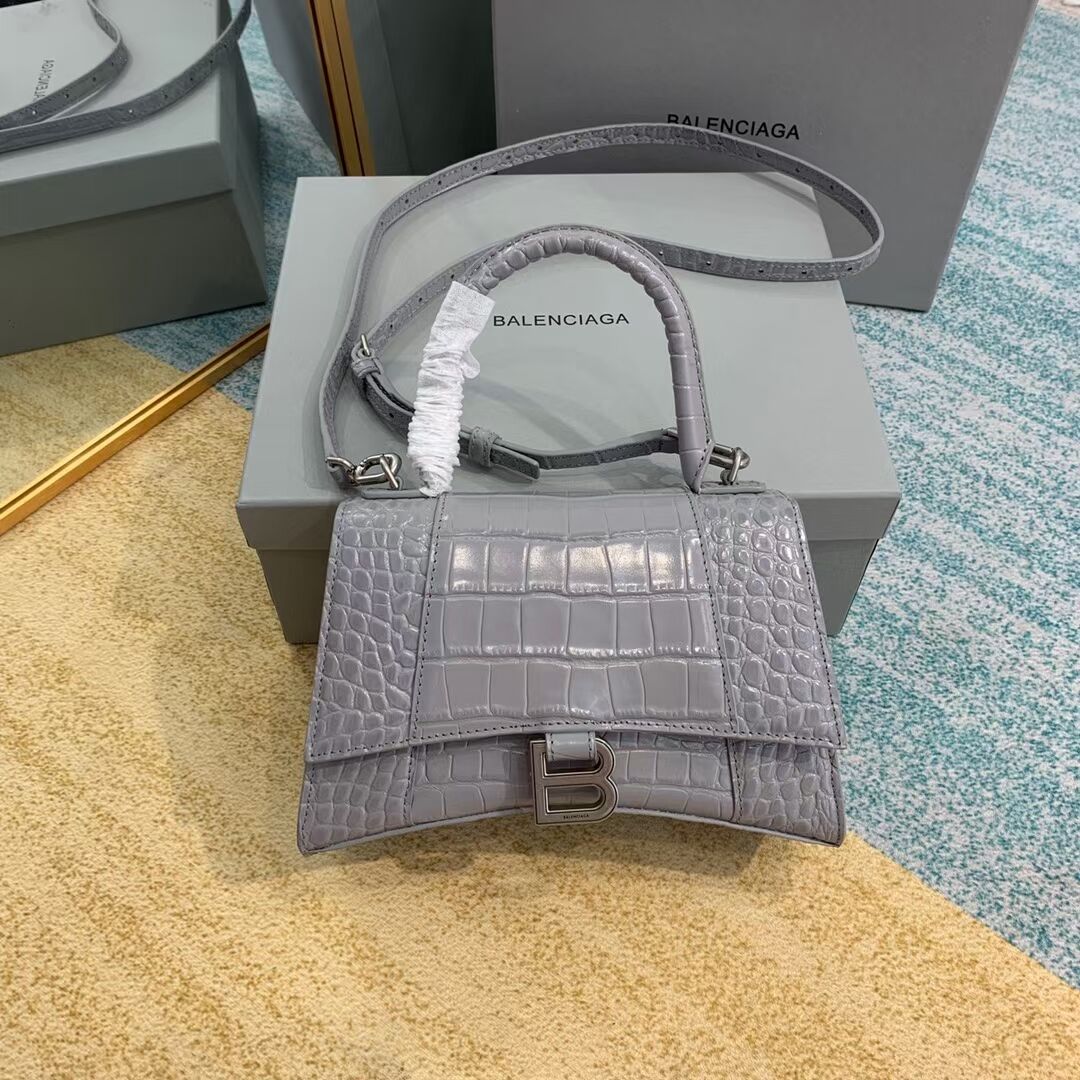 Balenciaga HOURGLASS SMALL TOP HANDLE BAG crocodile embossed calfskin B108895E grey