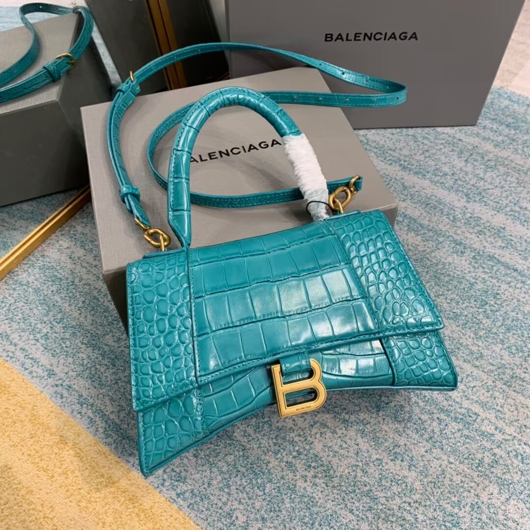 Balenciaga HOURGLASS SMALL TOP HANDLE BAG crocodile embossed calfskin B108895E light blue