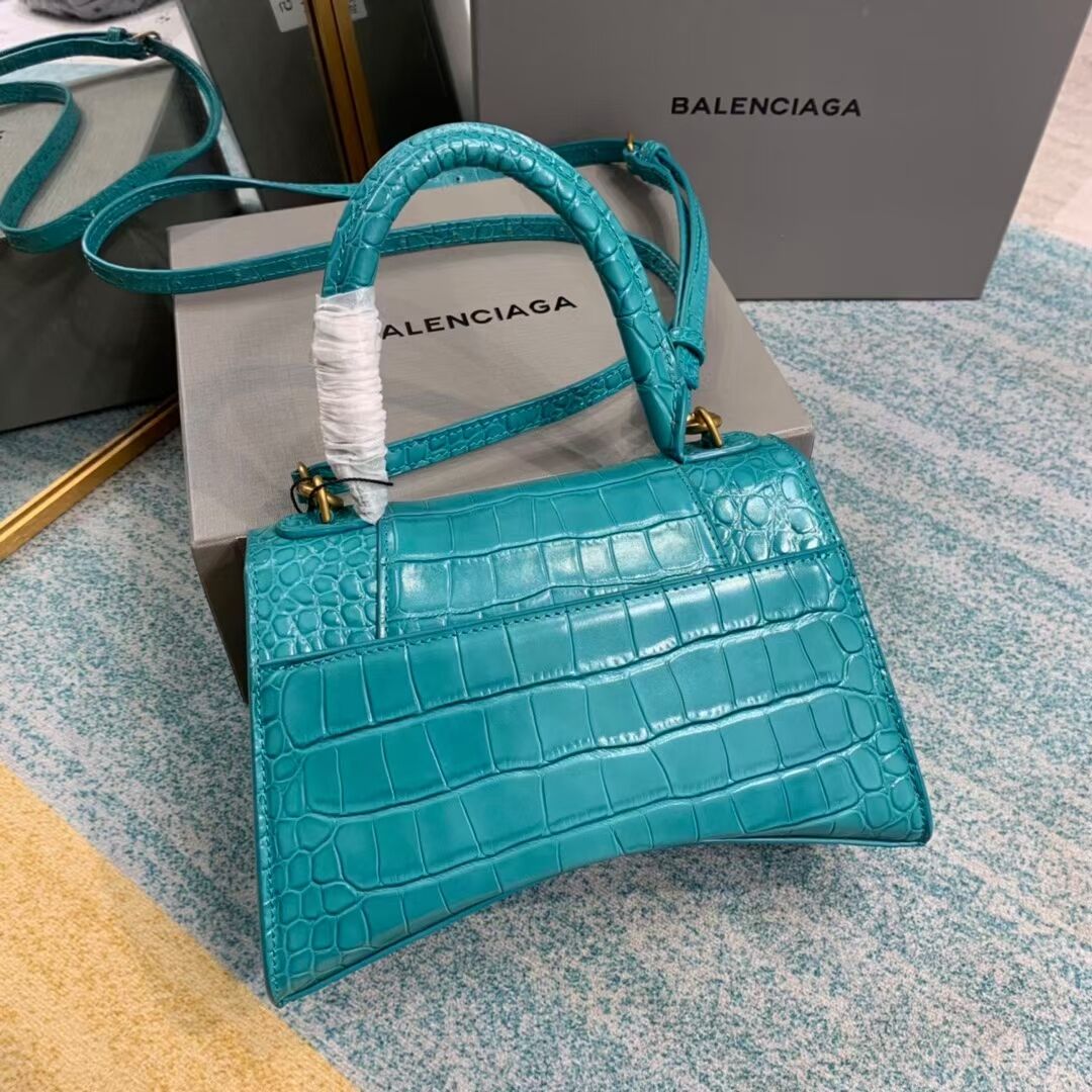 Balenciaga HOURGLASS SMALL TOP HANDLE BAG crocodile embossed calfskin B108895E light blue