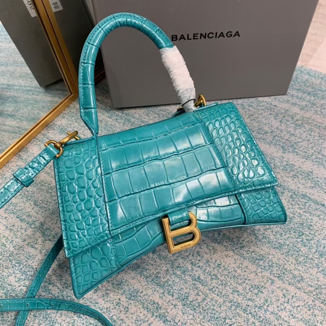 Balenciaga HOURGLASS SMALL TOP HANDLE BAG crocodile embossed calfskin B108895E light blue