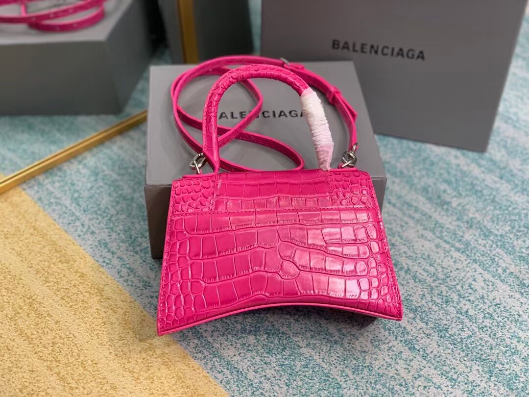 Balenciaga HOURGLASS SMALL TOP HANDLE BAG crocodile embossed calfskin B108895E neon pink