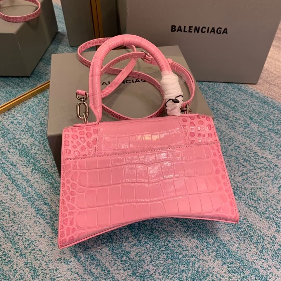 Balenciaga HOURGLASS SMALL TOP HANDLE BAG crocodile embossed calfskin B108895E pink