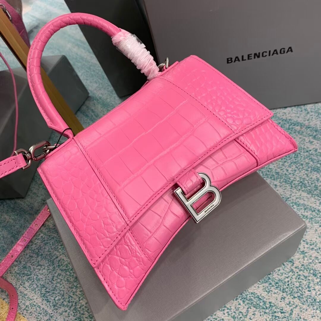 Balenciaga HOURGLASS SMALL TOP HANDLE BAG crocodile embossed calfskin B108895E pink