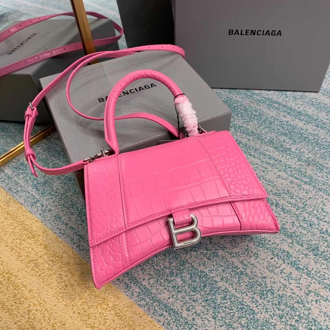 Balenciaga HOURGLASS SMALL TOP HANDLE BAG crocodile embossed calfskin B108895E pink