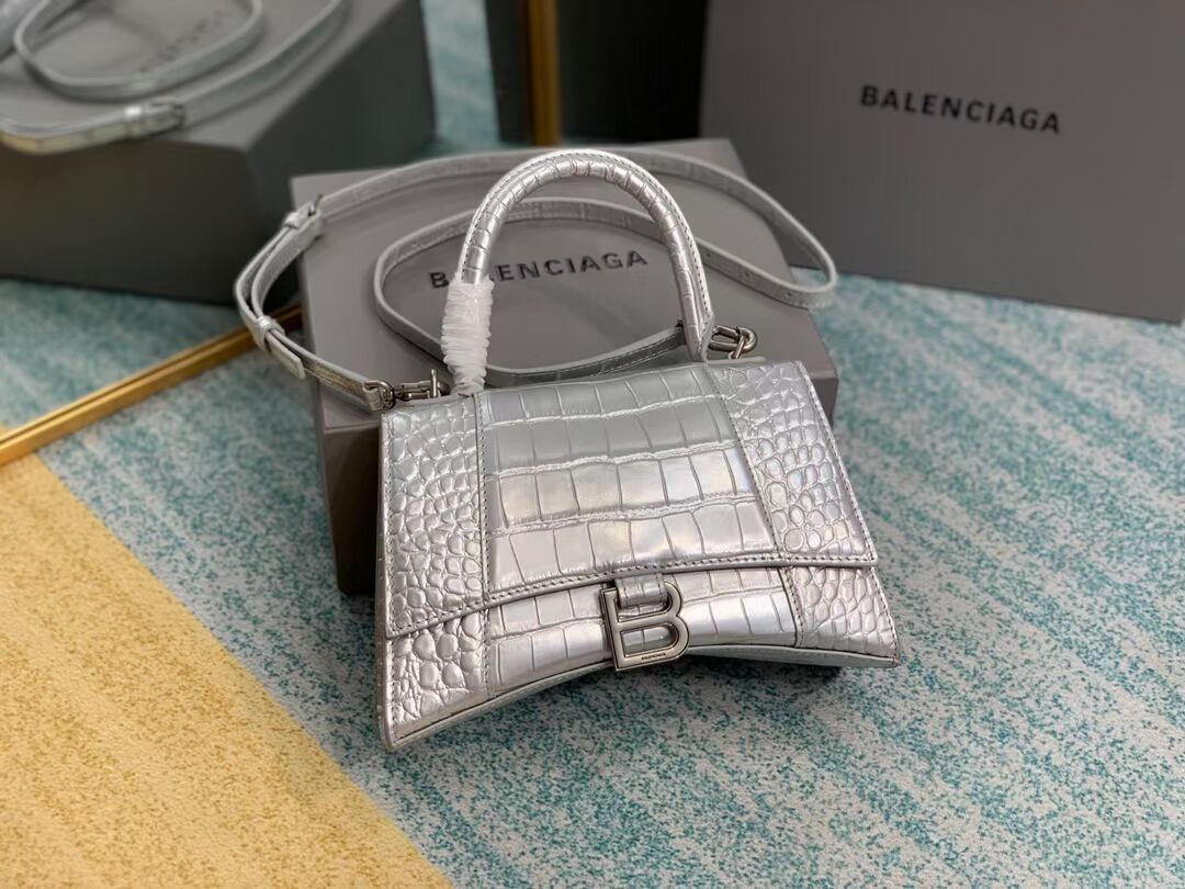 Balenciaga HOURGLASS SMALL TOP HANDLE BAG crocodile embossed calfskin B108895E silver