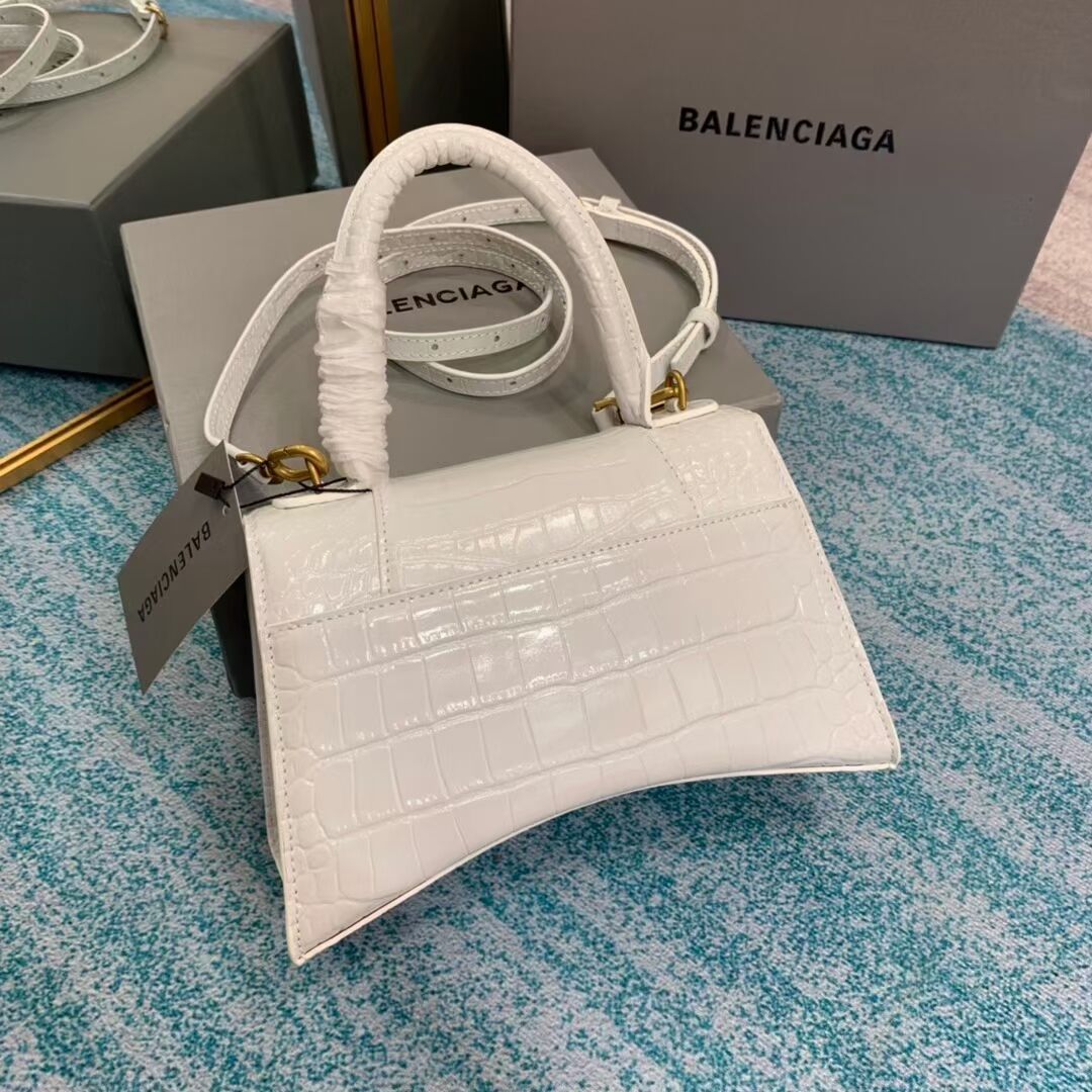 Balenciaga HOURGLASS SMALL TOP HANDLE BAG crocodile embossed calfskin B108895E white