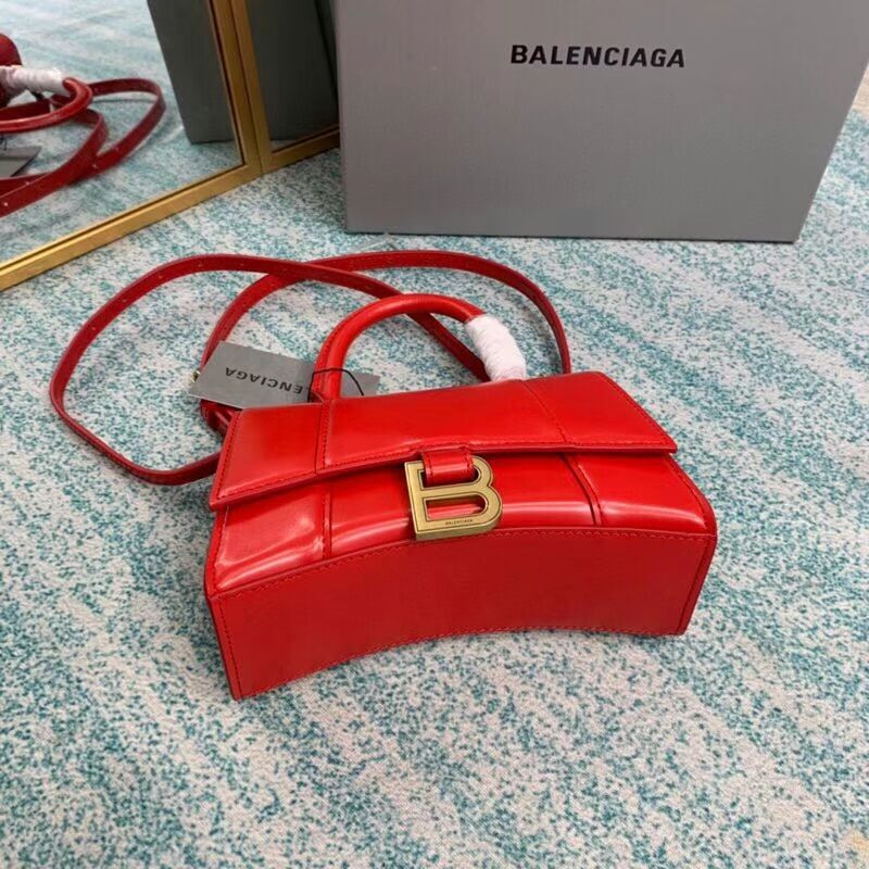 Balenciaga Hourglass XS Top Handle Bag shiny box calfskin 28331 red