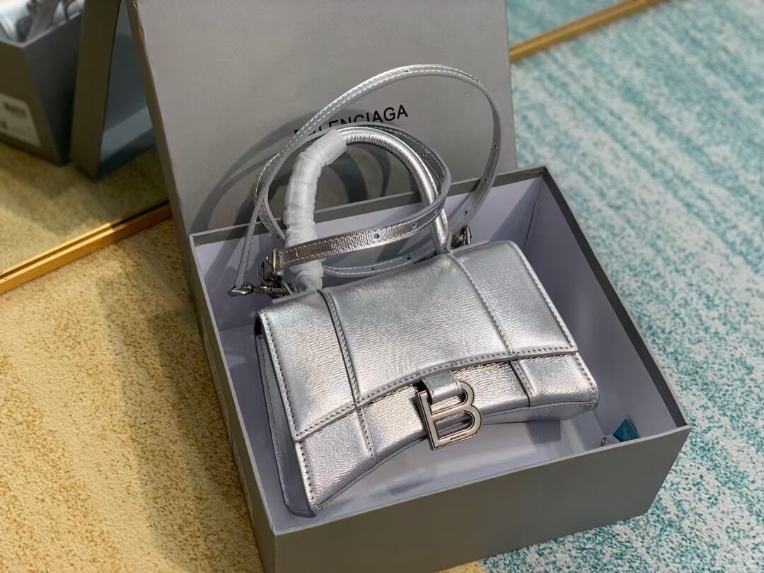 Balenciaga Hourglass XS Top Handle Bag shiny box calfskin 28331 silver