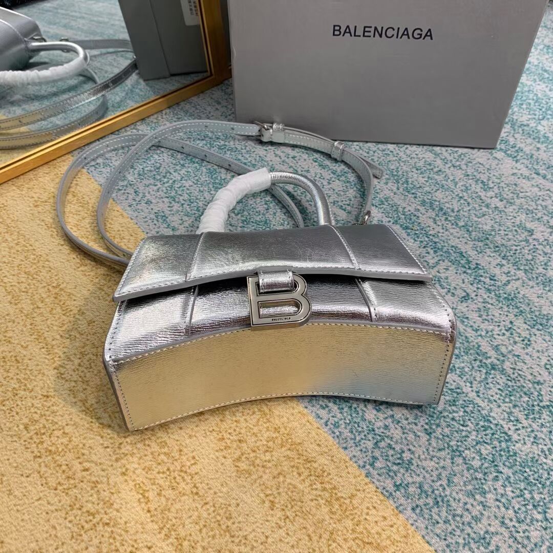 Balenciaga Hourglass XS Top Handle Bag shiny box calfskin 28331 silver