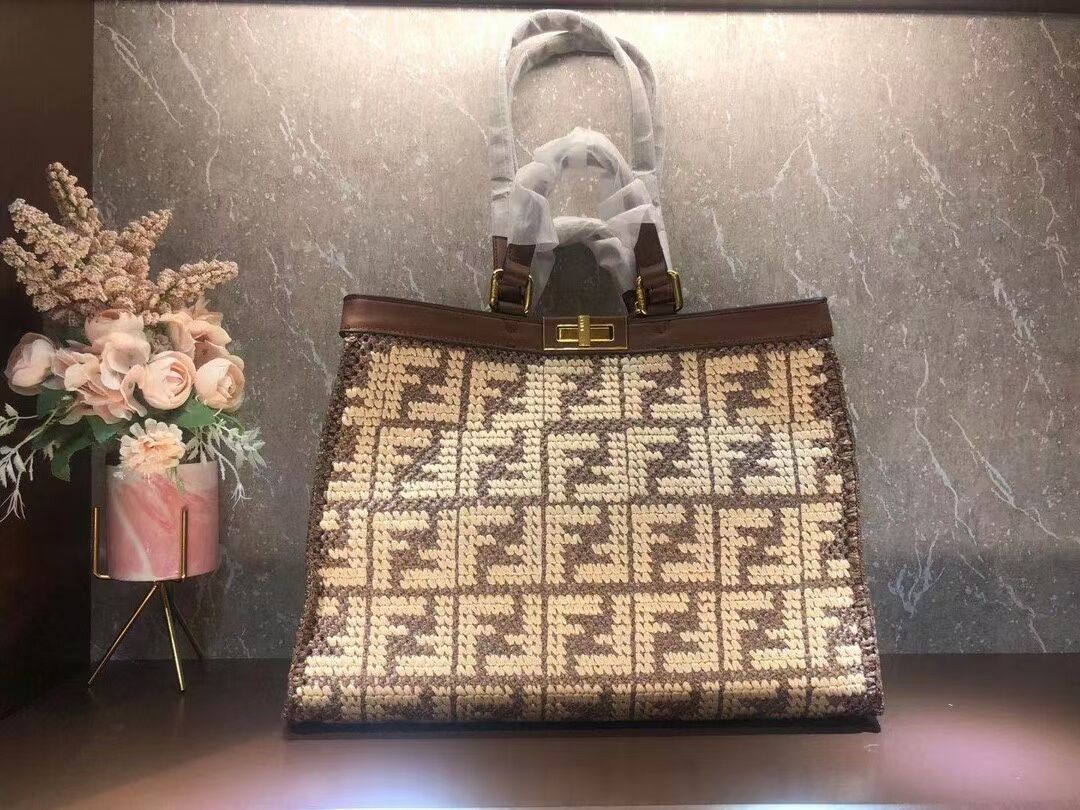 FENDI PEEKABOO X-TOTE FF raffia bag 8BH374A brown