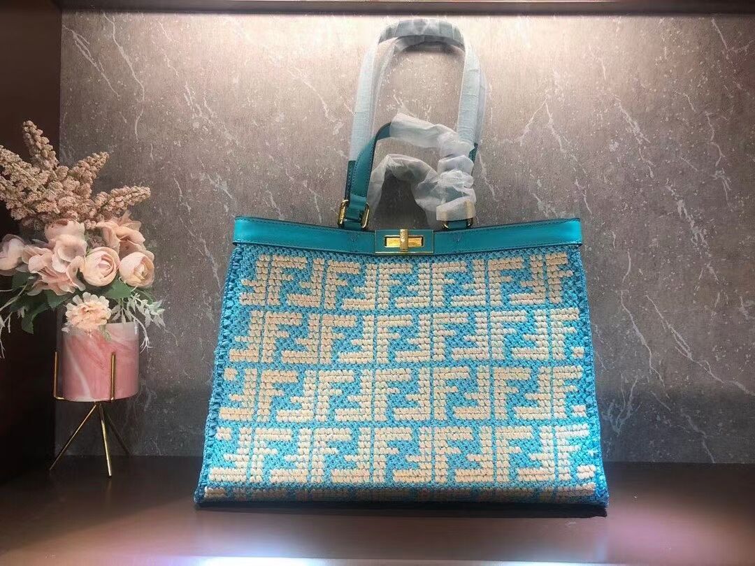 FENDI PEEKABOO X-TOTE FF raffia bag 8BH374A light blue